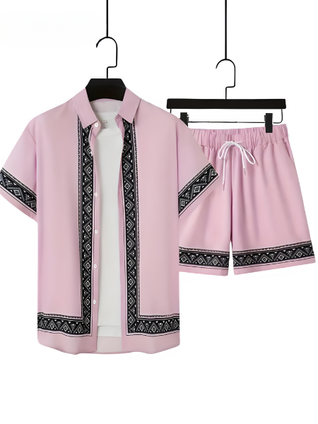 Boho Summer Set Men Two-Piece Shirt and Shorts Relaxed - Malik-Pink-M(48)-State of Style