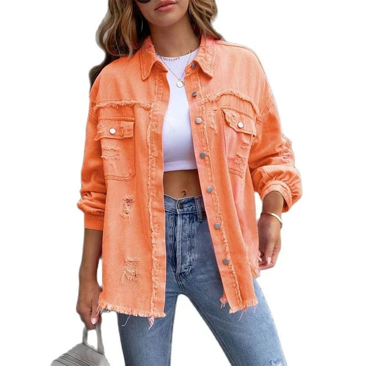 Boho women's denim jacket with Ibiza flair & slim fit for spring/summer – Yara-Black-S-State of Style