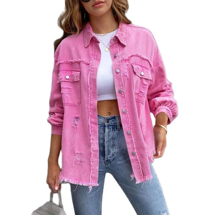 Boho women's denim jacket with Ibiza flair & slim fit for spring/summer – Yara-Pink-S-State of Style