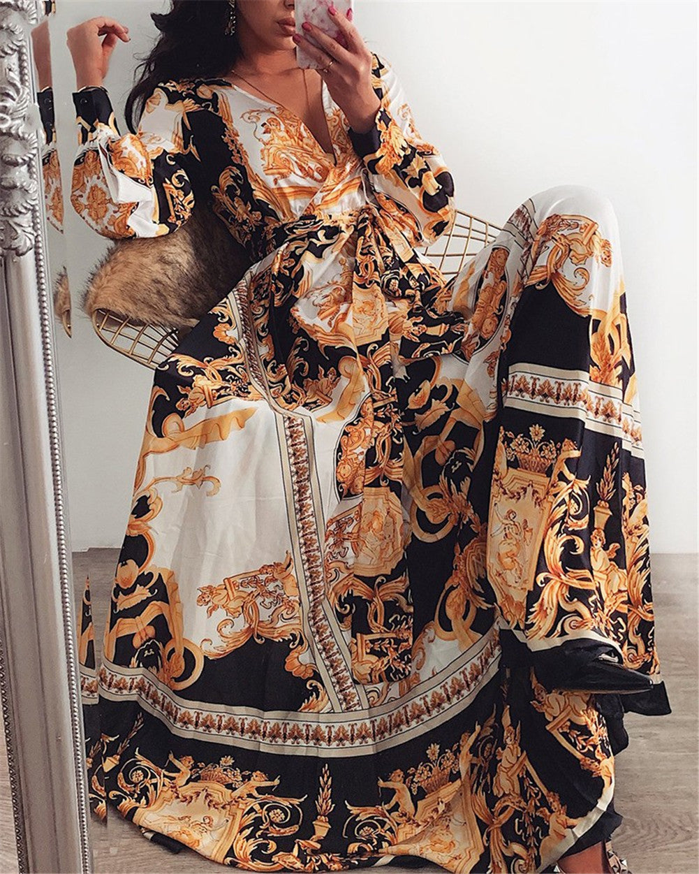Boho Wrap Summer Dress with Slit and Long Sleeves-Orange Black-S-State of Style