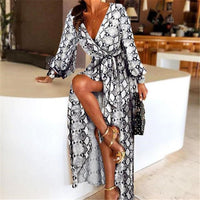 Boho Wrap Summer Dress with Slit and Long Sleeves-Orange Black-S-State of Style