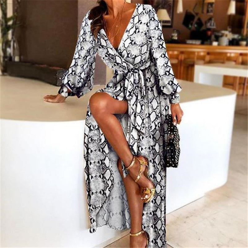 Boho Wrap Summer Dress with Slit and Long Sleeves-Orange Black-S-State of Style