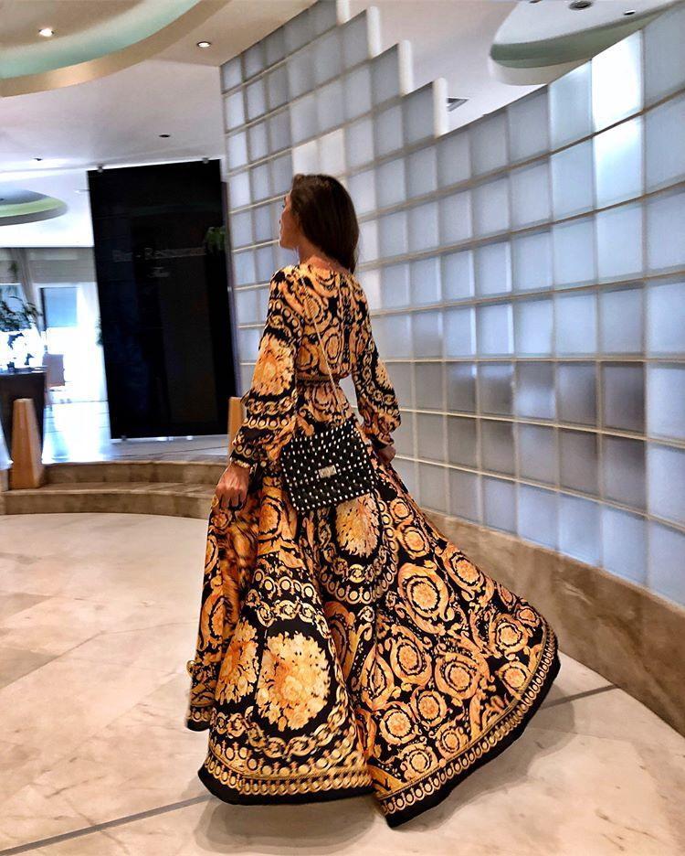 Boho Wrap Summer Dress with Slit and Long Sleeves-Orange Black-S-State of Style