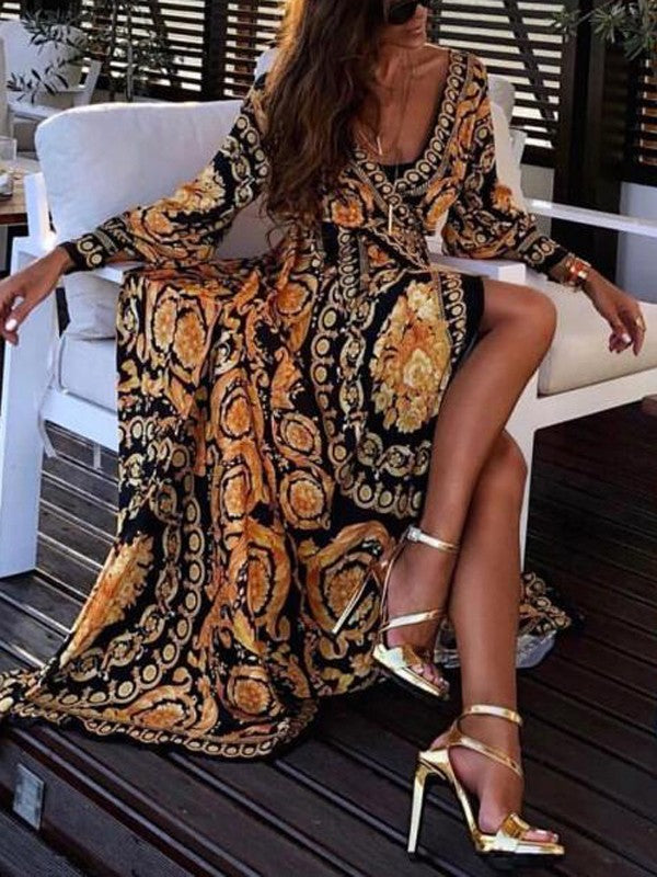 Boho Wrap Summer Dress with Slit and Long Sleeves-Orange Black-S-State of Style
