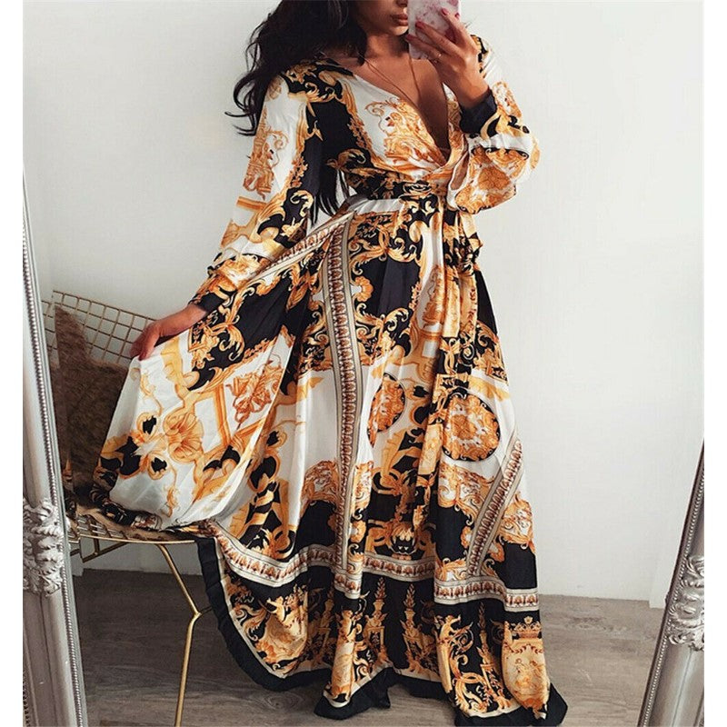 Boho Wrap Summer Dress with Slit and Long Sleeves-Orange Black-S-State of Style