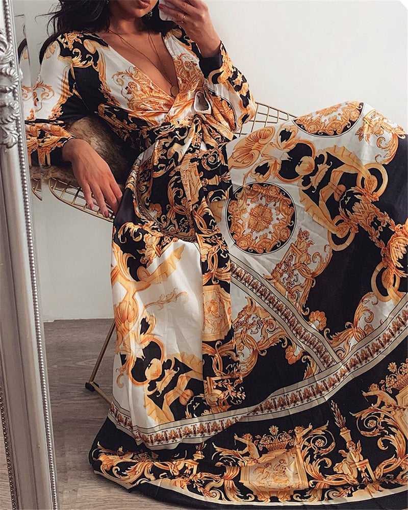 Boho Wrap Summer Dress with Slit and Long Sleeves-Orange Black-S-State of Style
