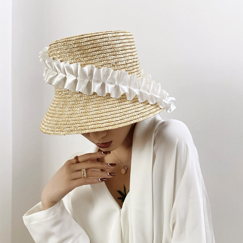 Braided summer hat with pleats and stripes – BreezyStripes-Khaki-One size fits all-State of Style