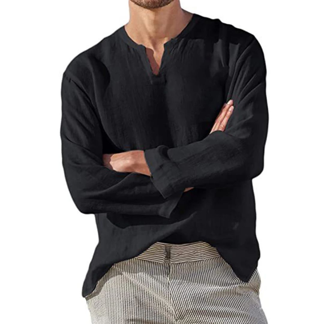 Breathable Cotton-Linen Shirt Alec – Oversized V-Neck Style-Black-M-State of Style