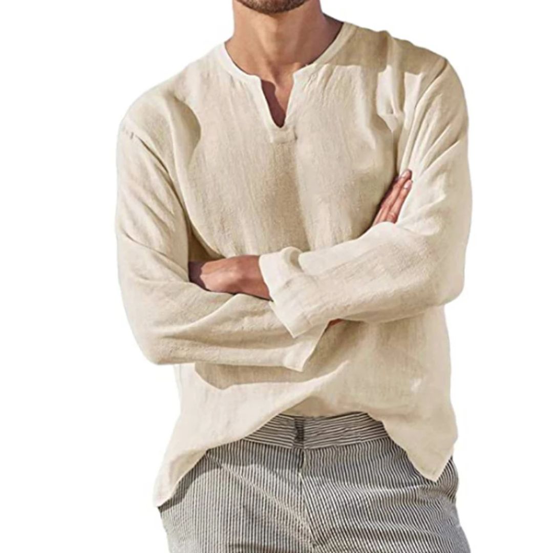 Breathable Cotton-Linen Shirt Alec – Oversized V-Neck Style-Khaki-M-State of Style