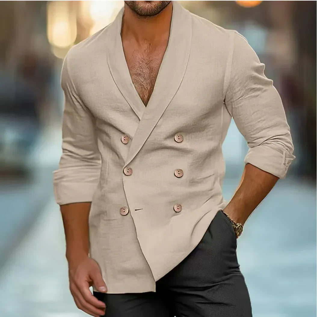 Breathable & Stylish Double-Breasted Linen Shirt for Men – Mateo-Khaki-S-State of Style