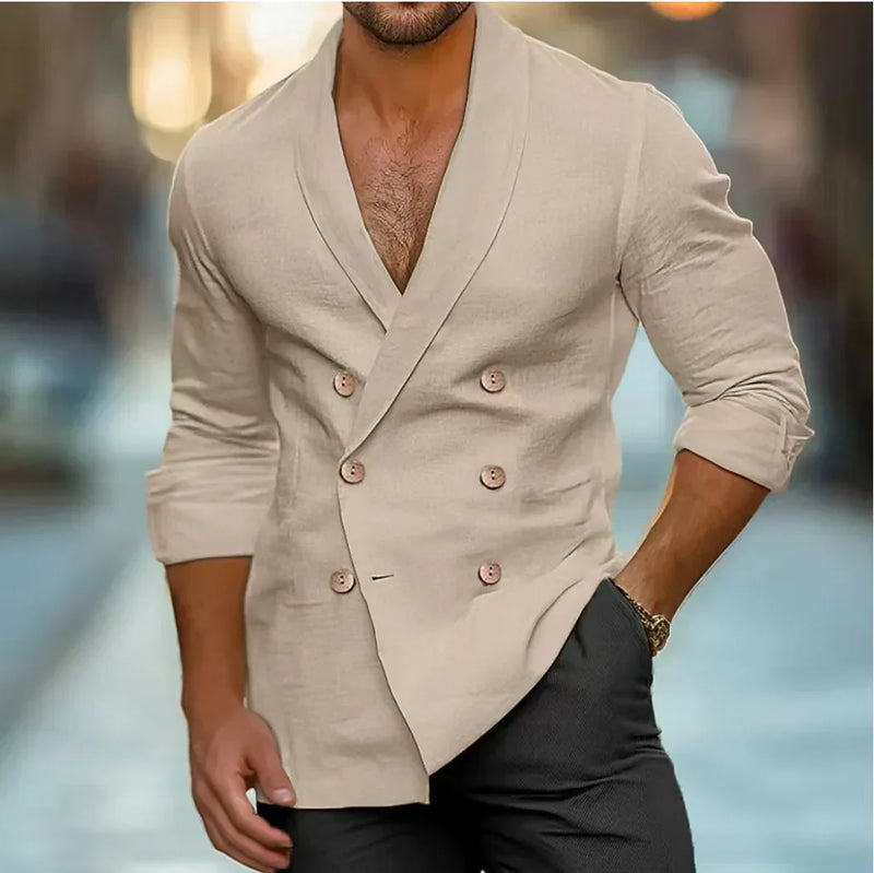 Breathable & Stylish Double-Breasted Linen Shirt for Men – Mateo-Khaki-S-State of Style