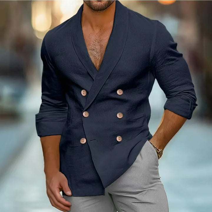 Breathable & Stylish Double-Breasted Linen Shirt for Men – Mateo-Navy blue-S-State of Style
