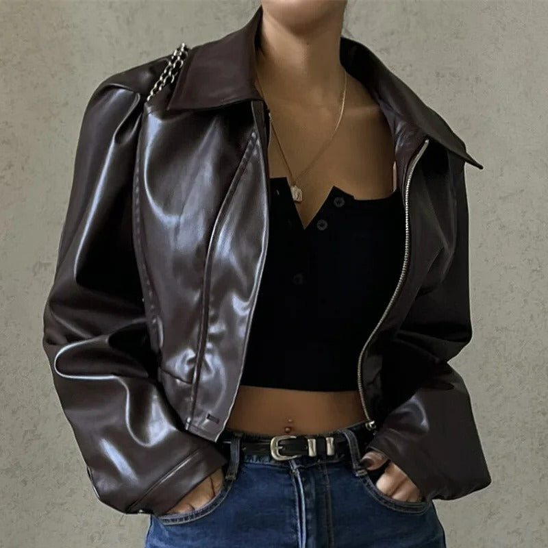 Brown PU Leather Ladies Summer Jacket with Notched Collar – Rivka-S-State of Style