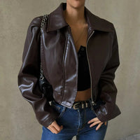 Brown PU Leather Ladies Summer Jacket with Notched Collar – Rivka-S-State of Style