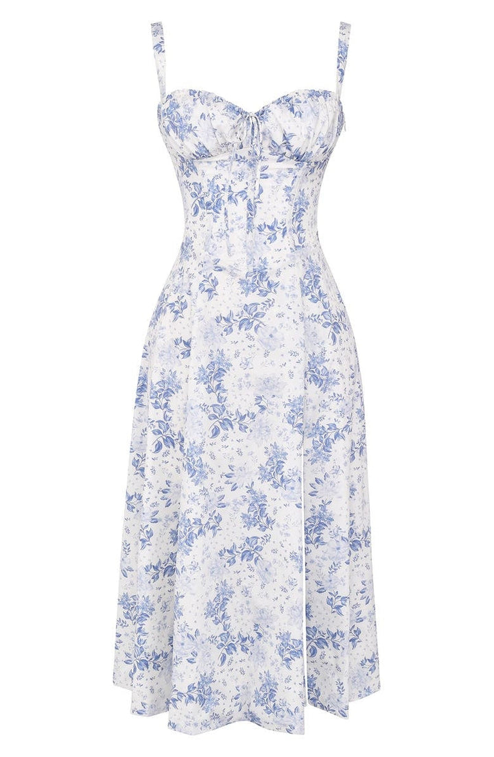 Bustier Summer Dress with Waist Shaper - Isabella-Knee length - 1 layer-Blue Flowers-XS-State of Style