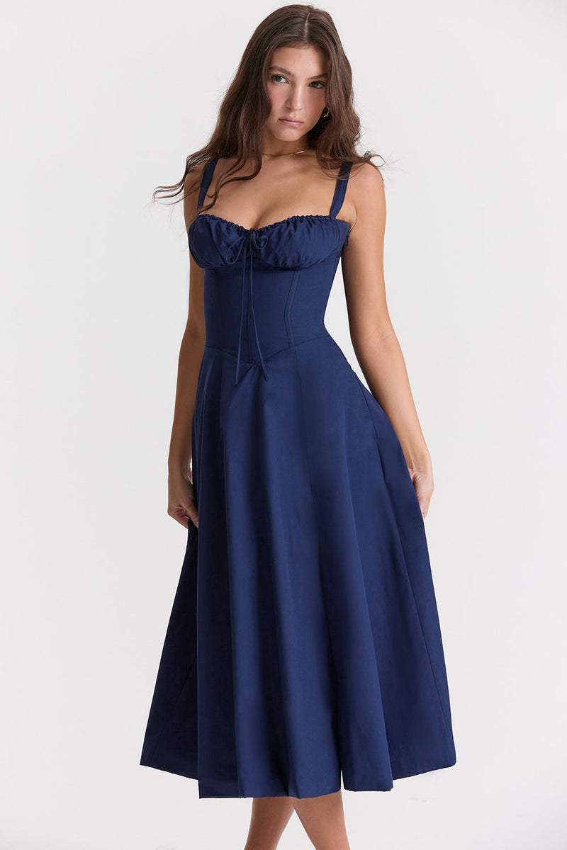 Bustier Waist-Shaping Floral Dress-Marine Blue-S-State of Style