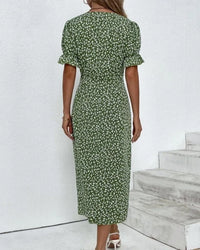 Button dress with V-neck & short sleeves – Luisa-Green-S-State of Style