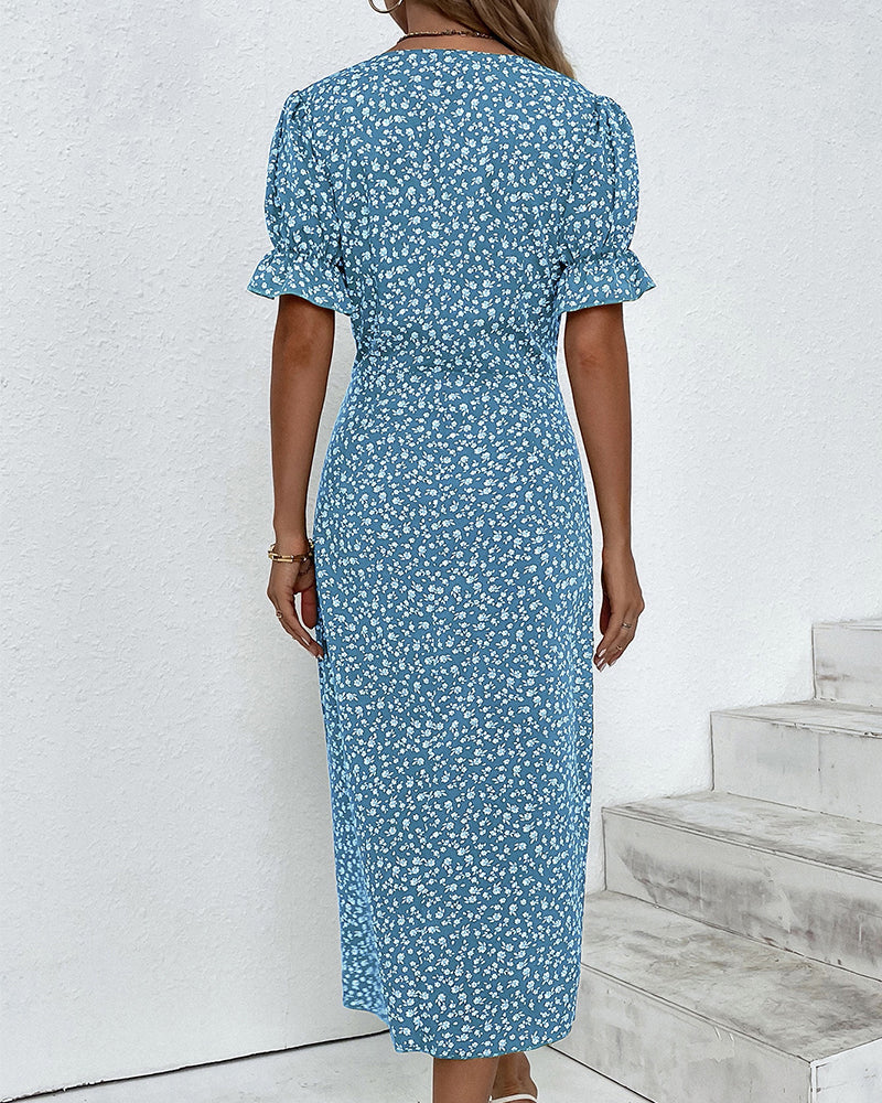 Button dress with V-neck & short sleeves – Luisa-Green-S-State of Style