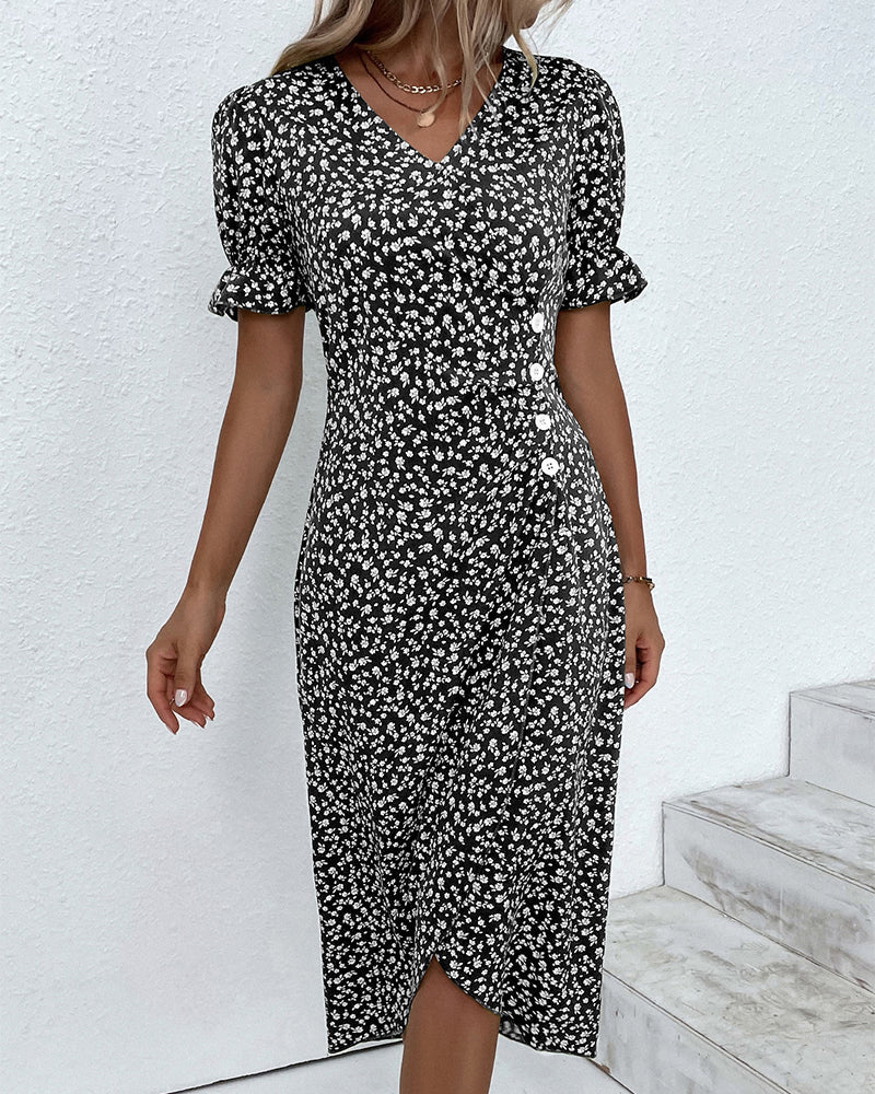 Button dress with V-neck & short sleeves – Luisa-Green-S-State of Style
