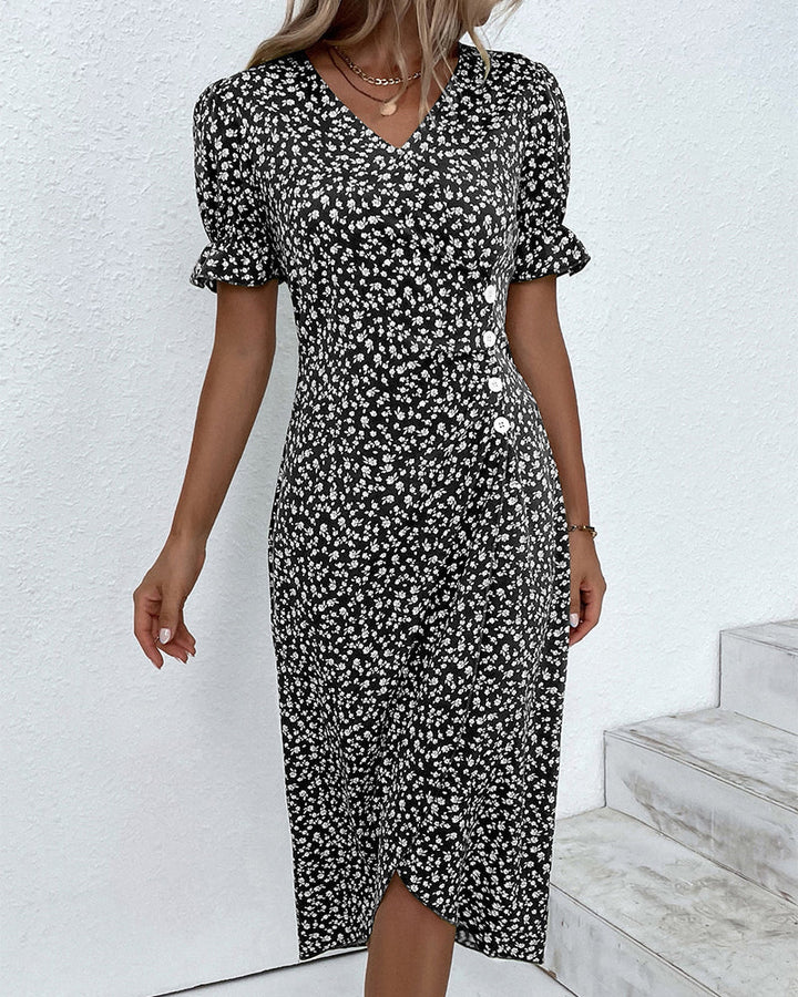Button dress with V-neck & short sleeves – Luisa-Green-S-State of Style