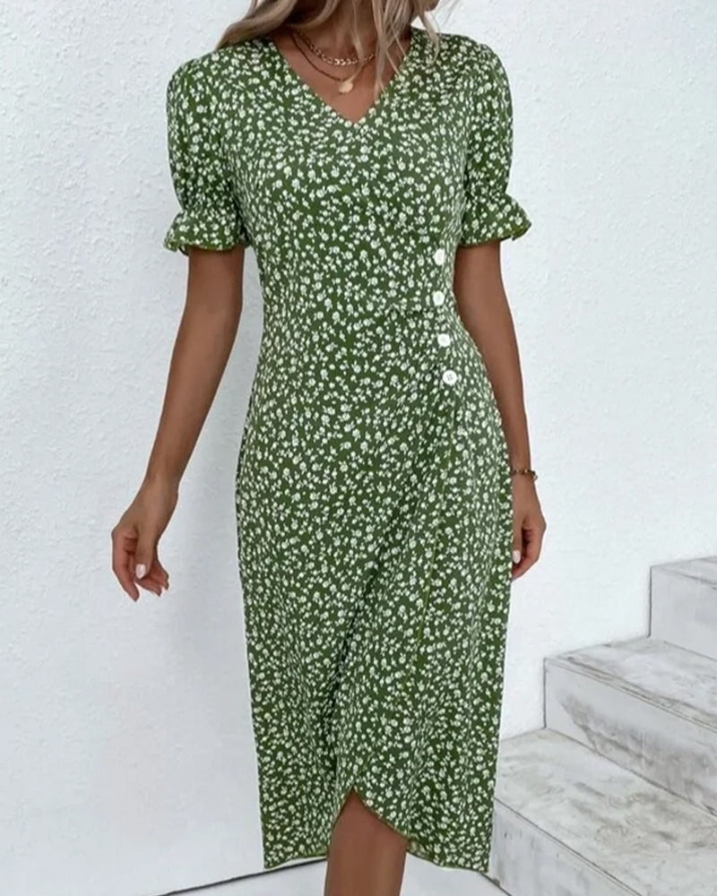 Button dress with V-neck & short sleeves – Luisa-Green-S-State of Style