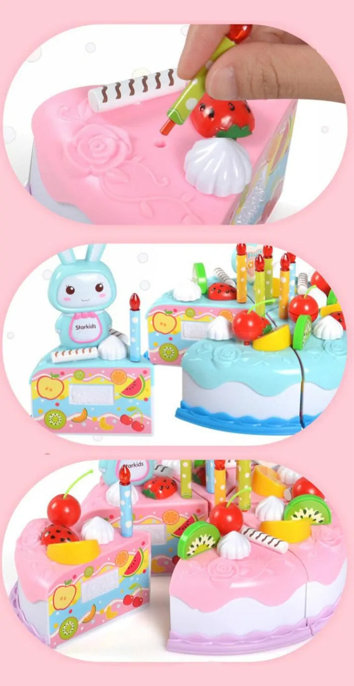 Plastic toy cake for children to count, slice and decorate.