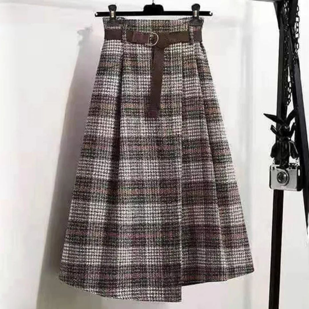 Camilla Traditional Skirt – Elegant A-Line Checkered Maxi Skirt-Khaki-L-State of Style