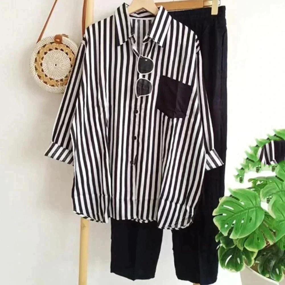 Casual Blouse and Trousers Set in Light Fabric – Noémie-Black-S-State of Style
