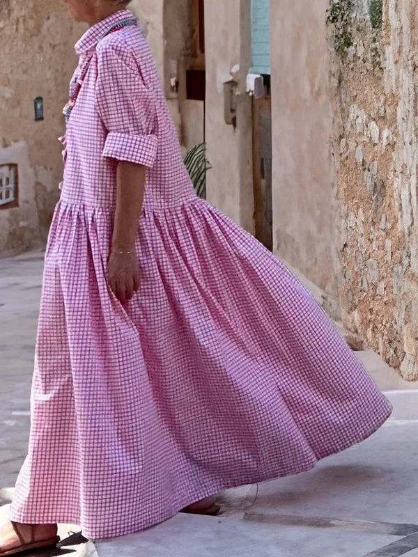 Casual Checked Swing Dress with Long Sleeves - Sofie-Pink-S-State of Style
