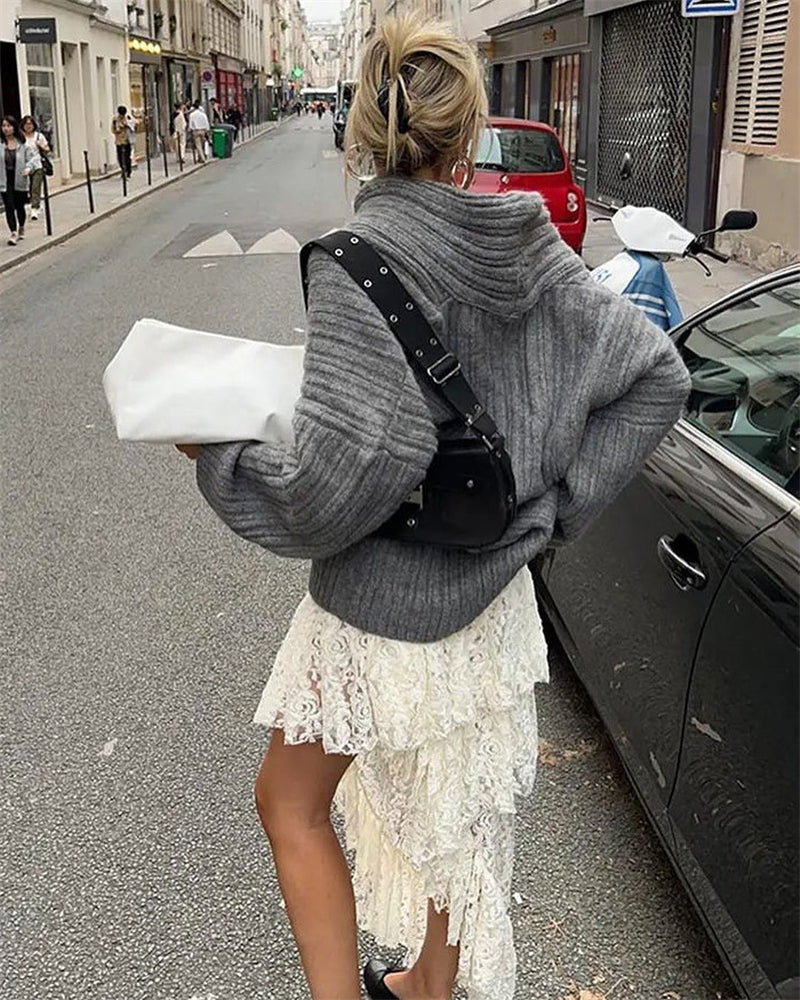Casual Knitted Sweater with One Shoulder - LuxeOne-White-State of Style