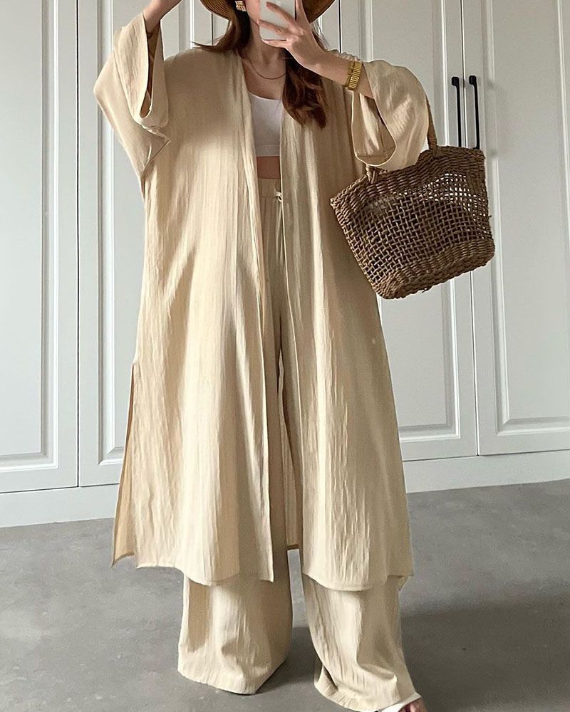 Casual two-piece set for women with vest and trousers – Thalia-Apricot-S-State of Style