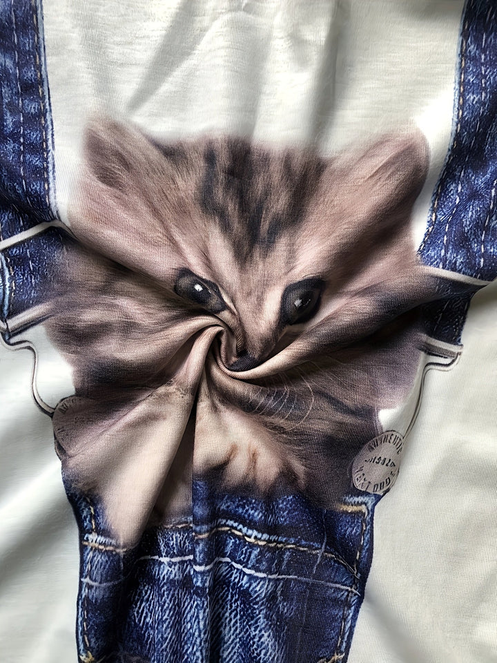 Cat Print T-Shirt with Trendy Color Block Details - Celeste-S-State of Style