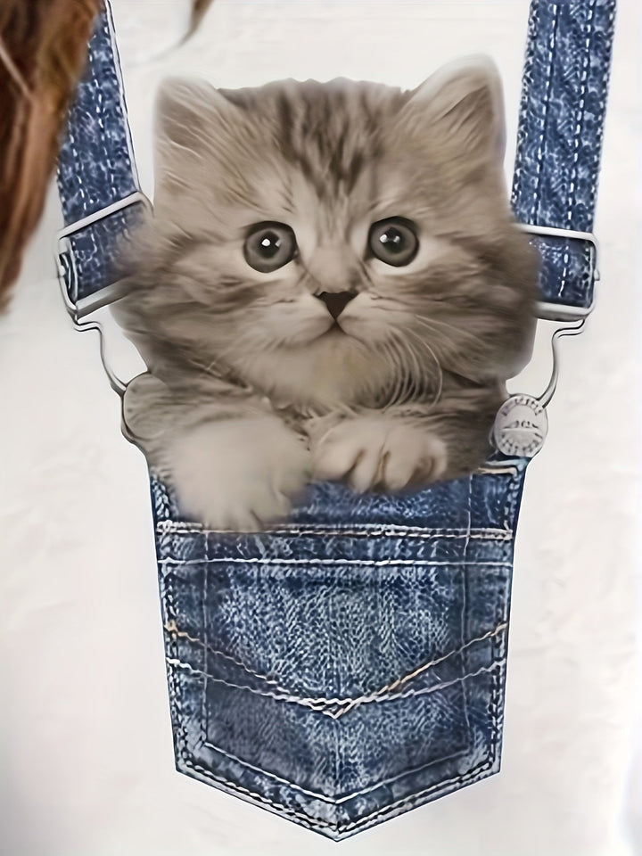 Cat Print T-Shirt with Trendy Color Block Details - Celeste-S-State of Style