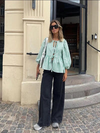 Checked Ladies Blouse with Puff Sleeves – Maeve-Green-S-State of Style