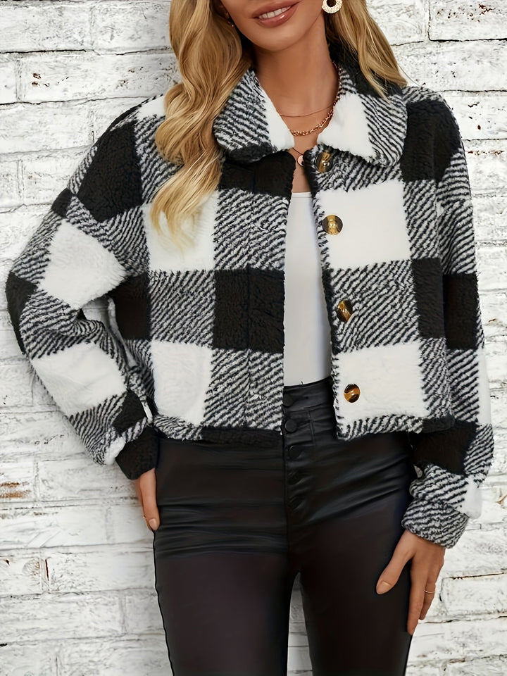 Checked Teddy Jacket with Button Closure - Clara-Black-XS-State of Style