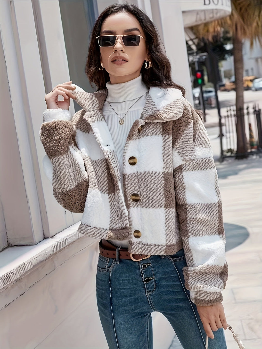 Checked Teddy Jacket with Button Closure - Clara-Brown-XS-State of Style