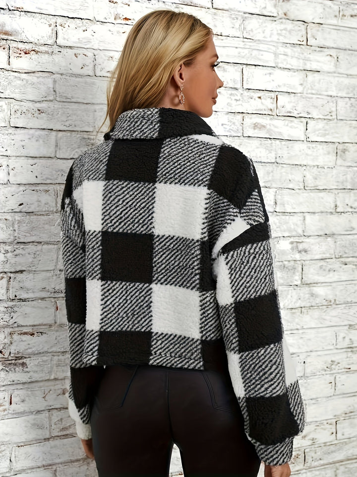 Checked Teddy Jacket with Button Closure - Clara-Green-XS-State of Style