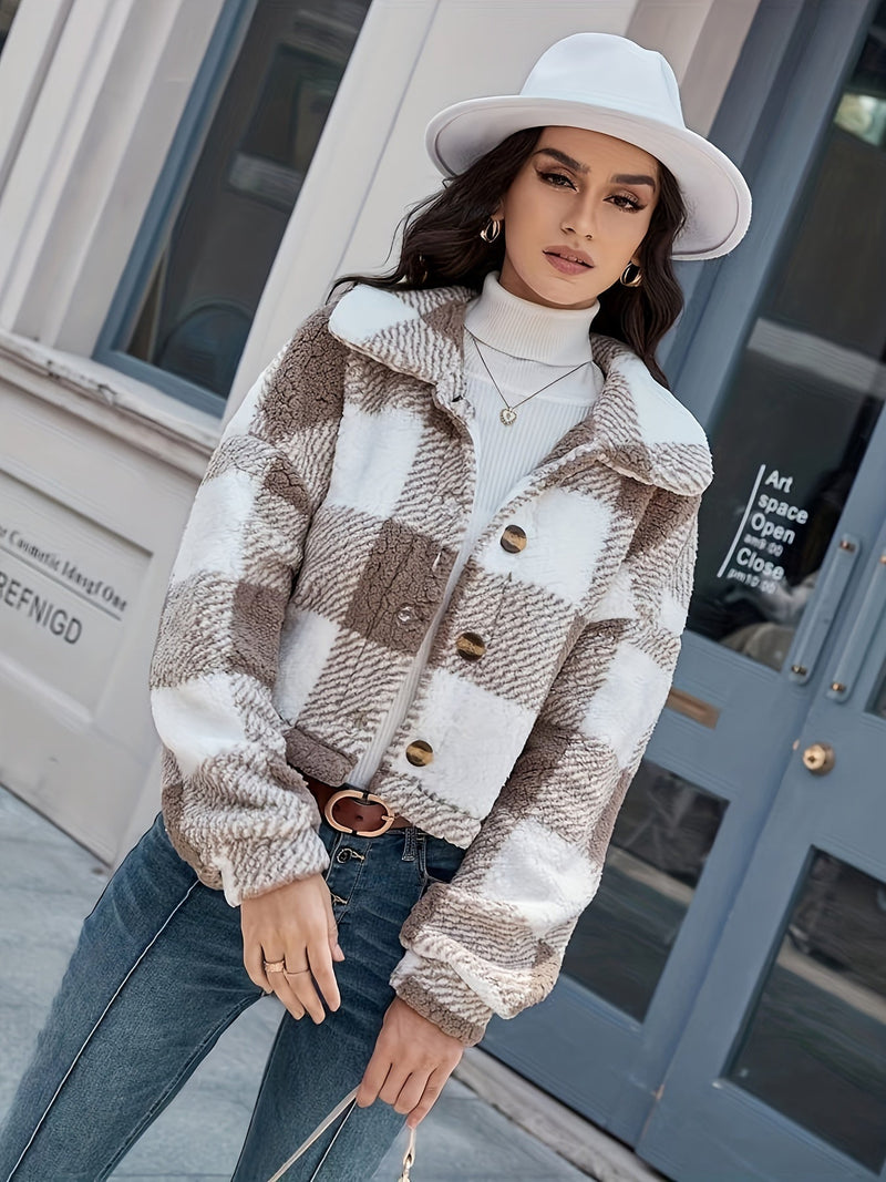 Checked Teddy Jacket with Button Closure - Clara-Green-XS-State of Style