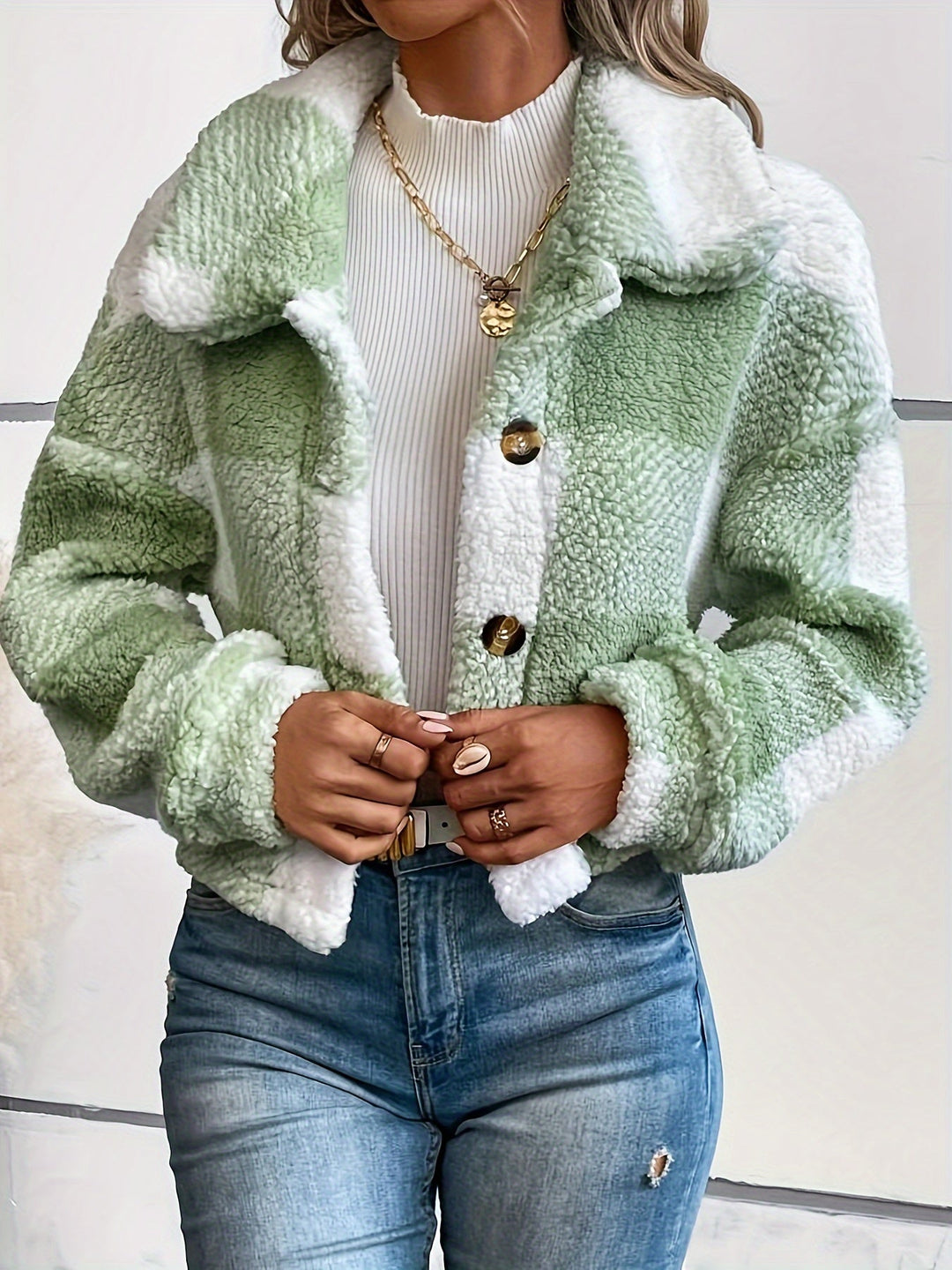 Checked Teddy Jacket with Button Closure - Clara-Green-XS-State of Style