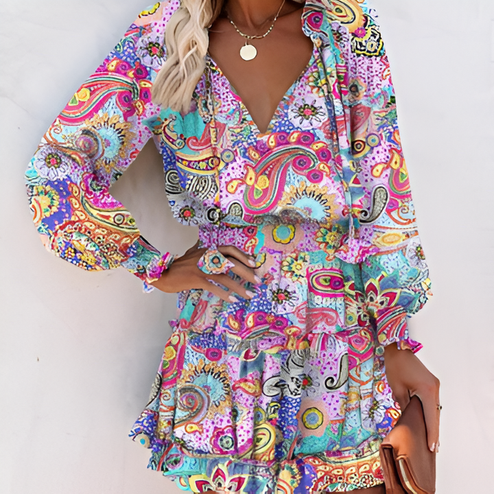 Cheerful Summer Dress with Print and Ruffles – Lina-Purple-S-State of Style