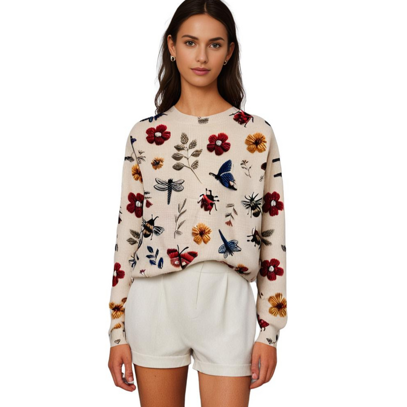 Cheerful Women's Sweater with Floral Print - Fleur-White-XS-State of Style
