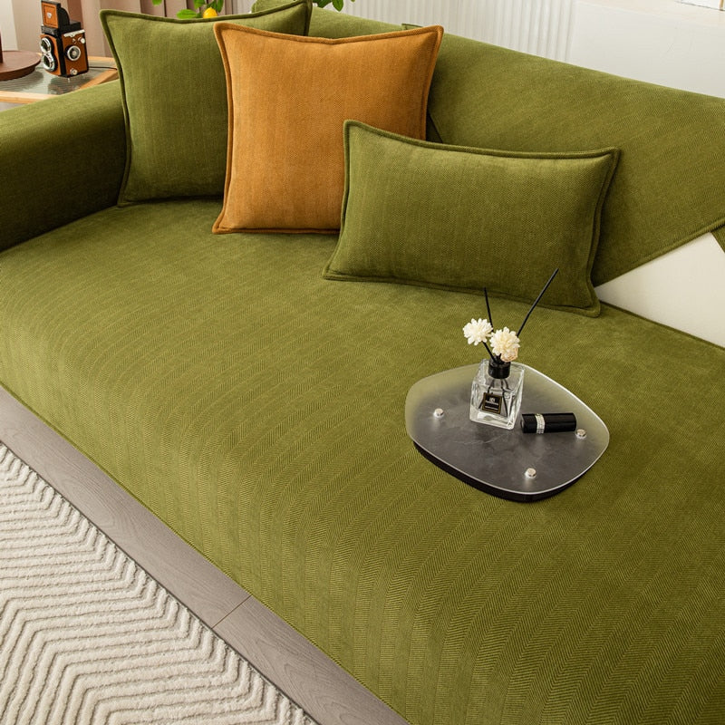 Chenille Bank Protector with Herringbone Structure – VeluraShield-Green-70x70cm-State of Style
