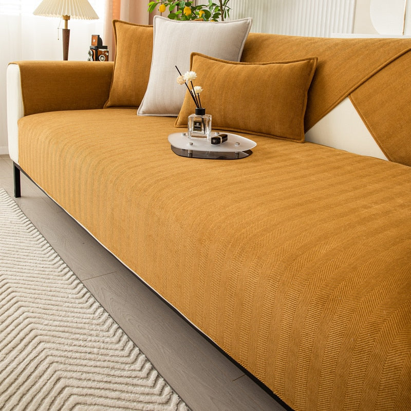Chenille Bank Protector with Herringbone Structure – VeluraShield-Mustard yellow-70x70cm-State of Style