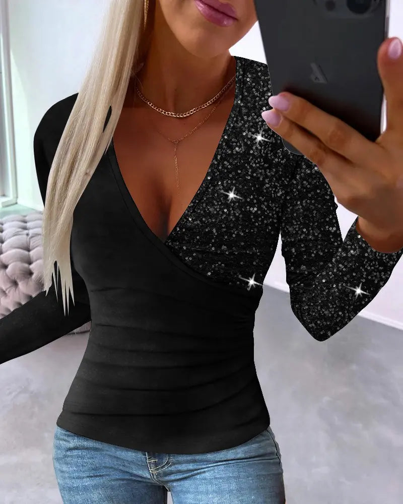 Chic Overlay Top with Sequins and Ruffles - Sabrina-Red-S-State of Style