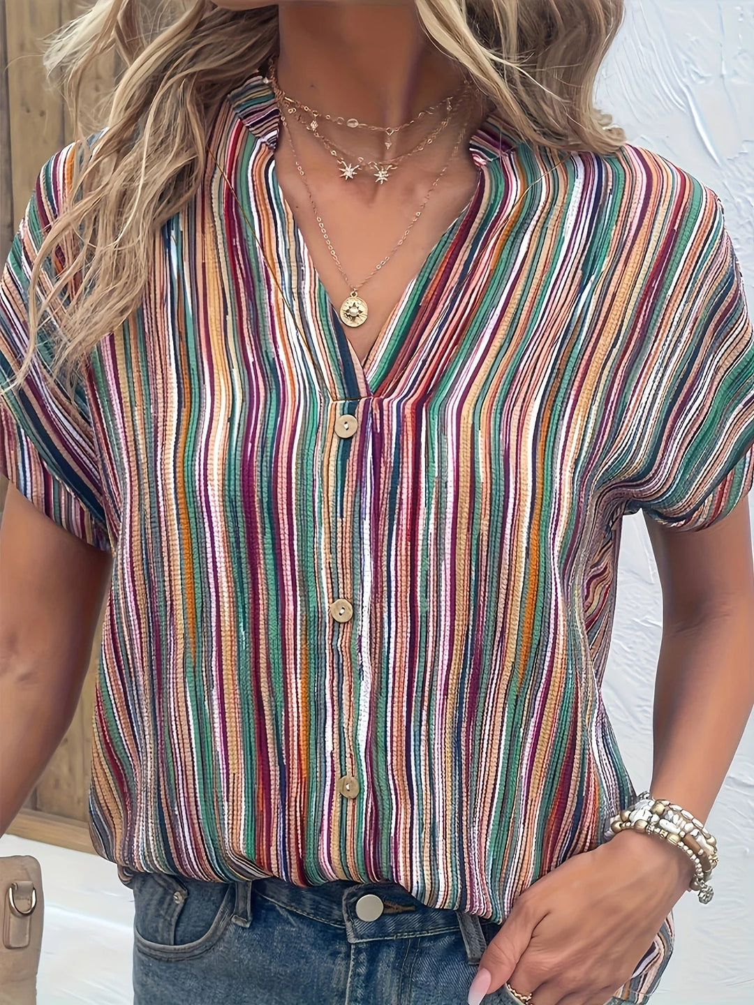 Chic Oversized Striped Button-Up Blouse-Purple-2XL-State of Style
