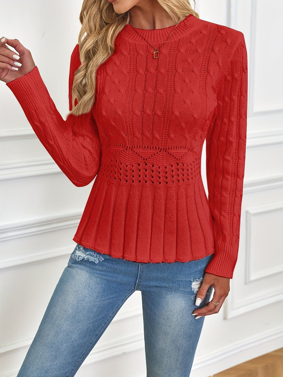 Chunky Cable Knit Sweater with Round Neck - Elena-Beige-S-State of Style