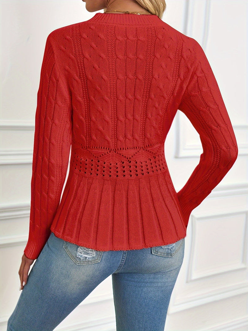 Chunky Cable Knit Sweater with Round Neck - Elena-Beige-S-State of Style
