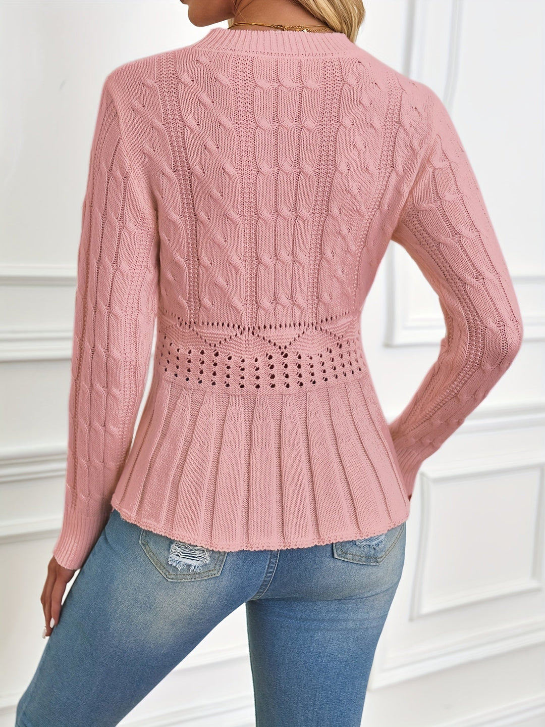 Chunky Cable Knit Sweater with Round Neck - Elena-Beige-S-State of Style