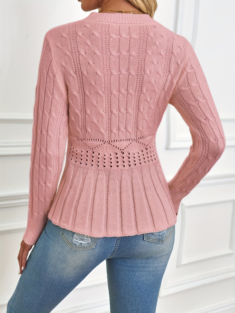 Chunky Cable Knit Sweater with Round Neck - Elena-Beige-S-State of Style