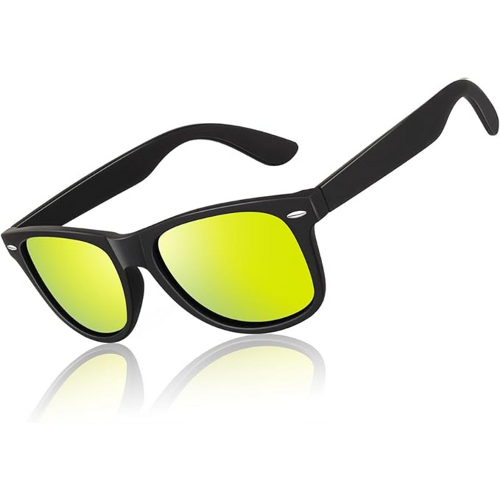 Classic 80's Retro Polarised Sunglasses - Jamie-Matte black frame | Golden mirror lenses-State of Style